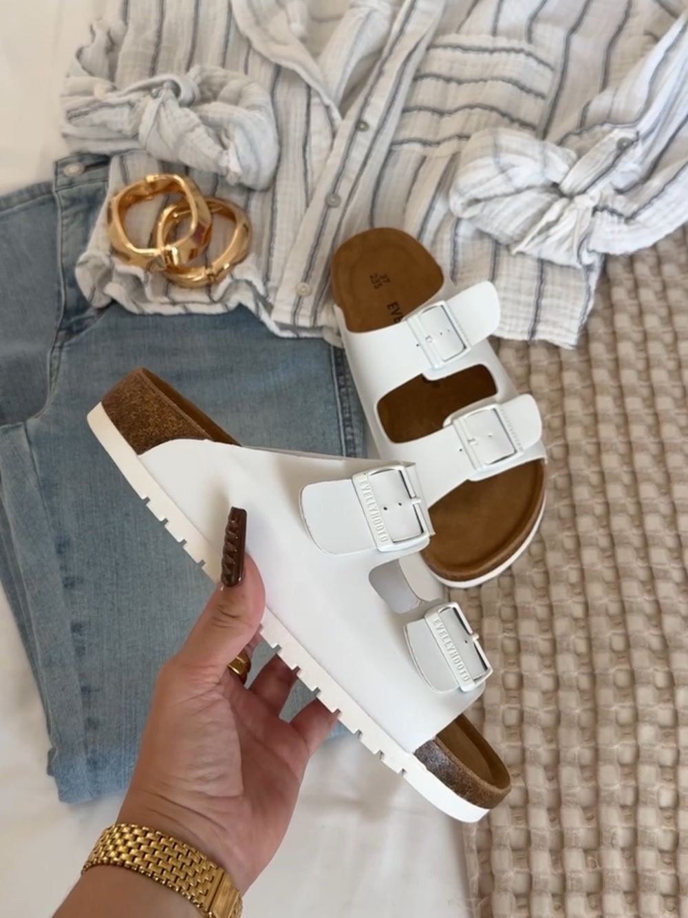 Women’s White Double-Buckle Slide Sandals